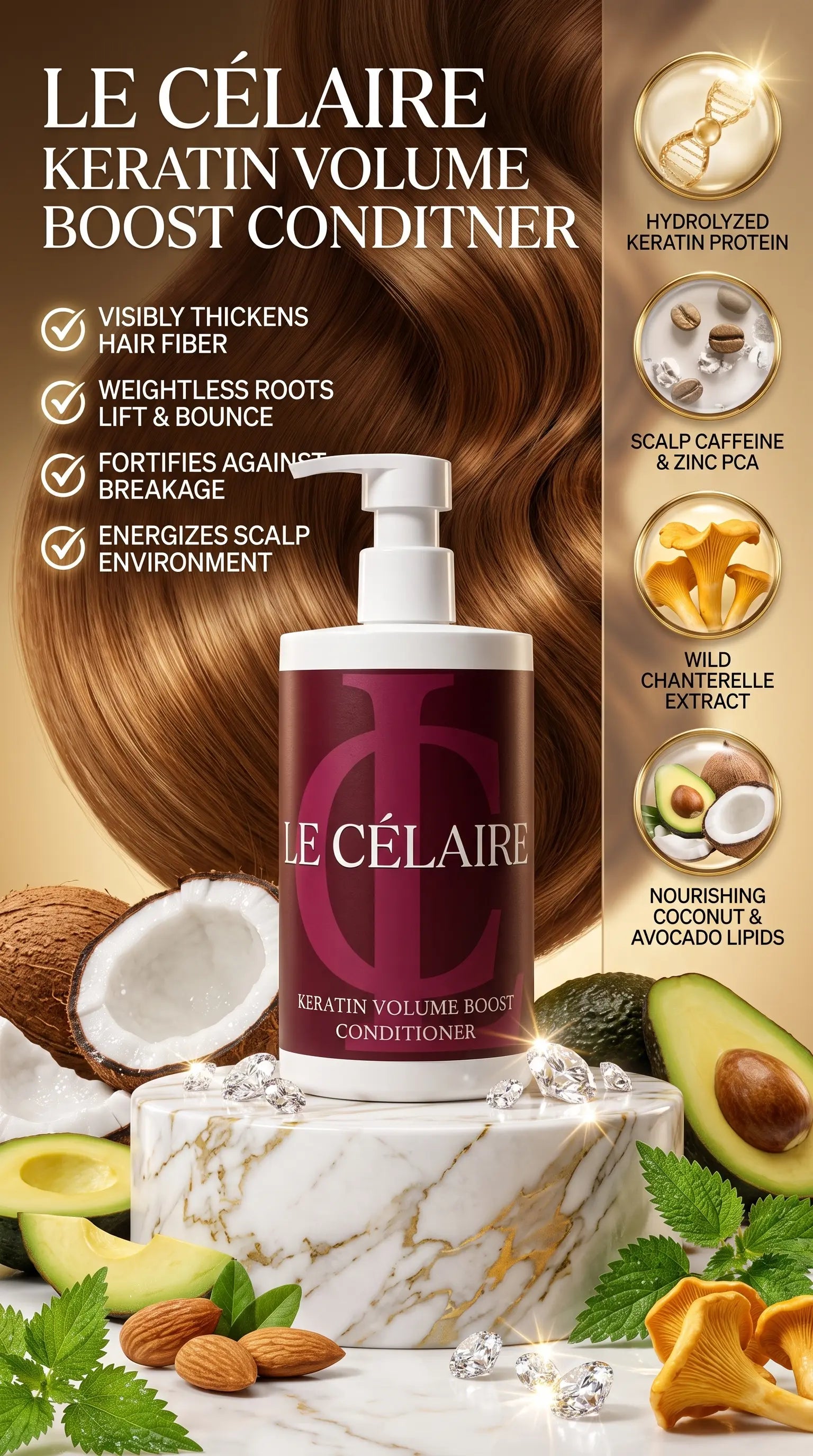 Le Célaire Keratin Volume Boost Conditioner bottle displayed on a marble pedestal with hair, coconuts, avocado, almonds, and other hair-care ingredients around it. The right side includes ingredient callouts and text describing the conditioner benefits.