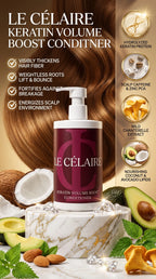 Le Célaire Keratin Volume Boost Conditioner bottle displayed on a marble pedestal with hair, coconuts, avocado, almonds, and other hair-care ingredients around it. The right side includes ingredient callouts and text describing the conditioner benefits.