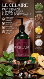Le Célaire Peppermint & Dark Cedar Hand & Body Wash in a dark green pump bottle, presented on a dark brown background with lemongrass, citrus slices, and ingredient callouts.
