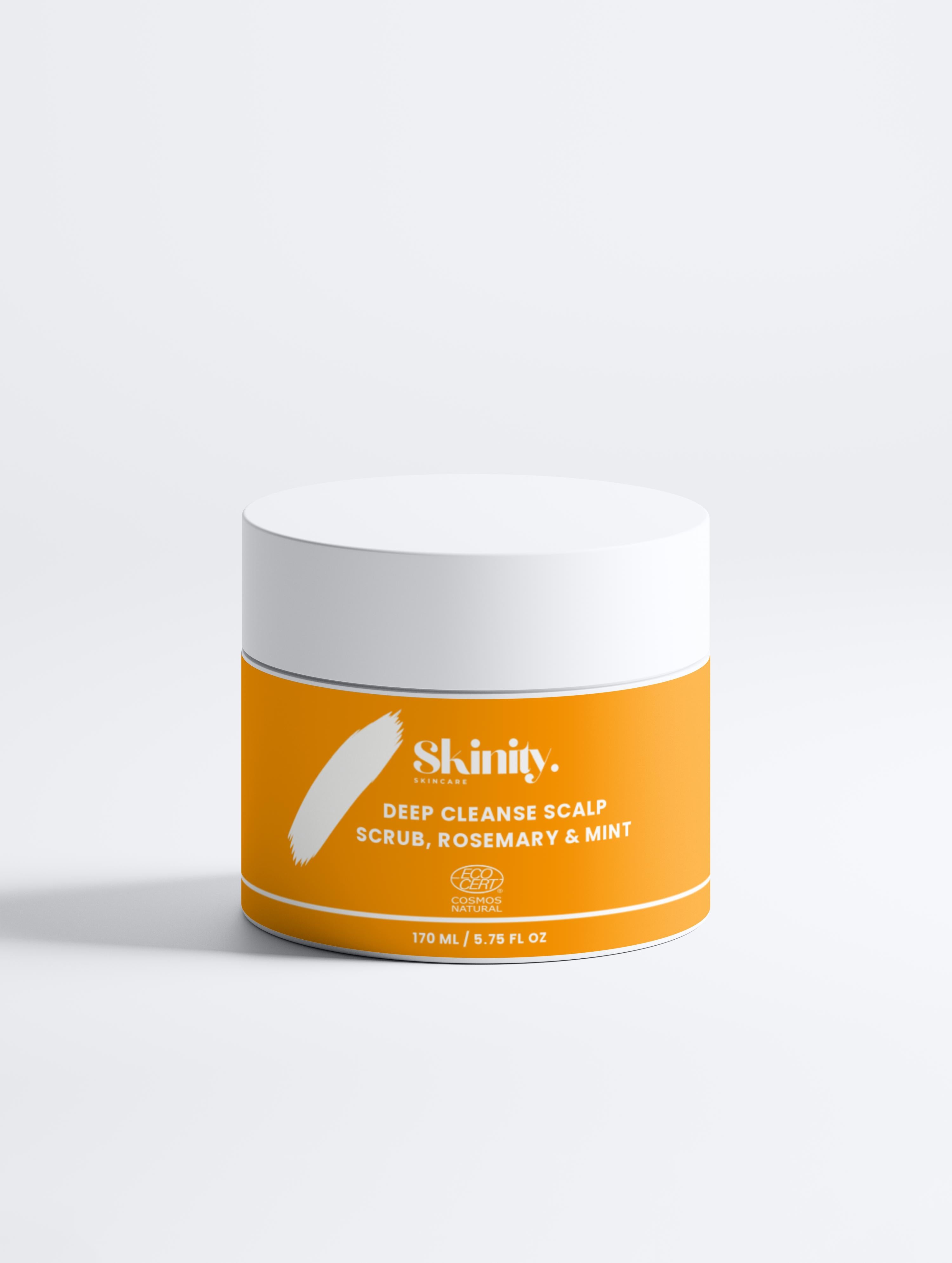 Deep Cleanse Scalp Scrub Rosemary and Mint jar on a plain background for detoxifying hair treatment.