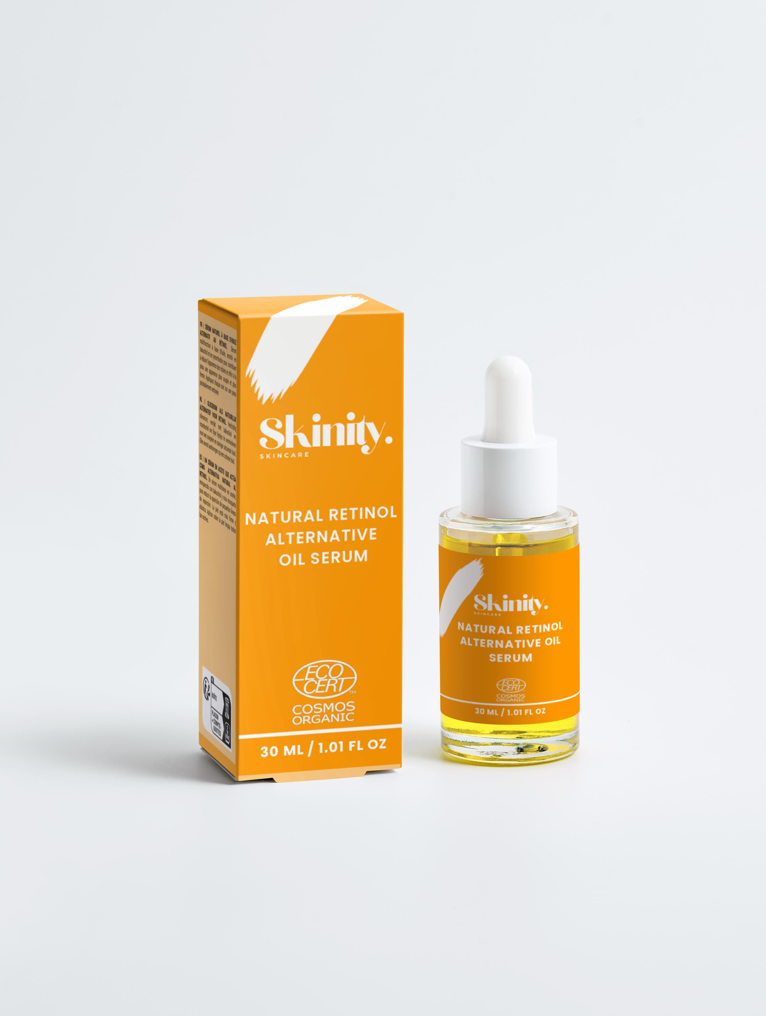 Natural Retinol Alternative Oil Serum in a glass dropper bottle with an orange and white box.