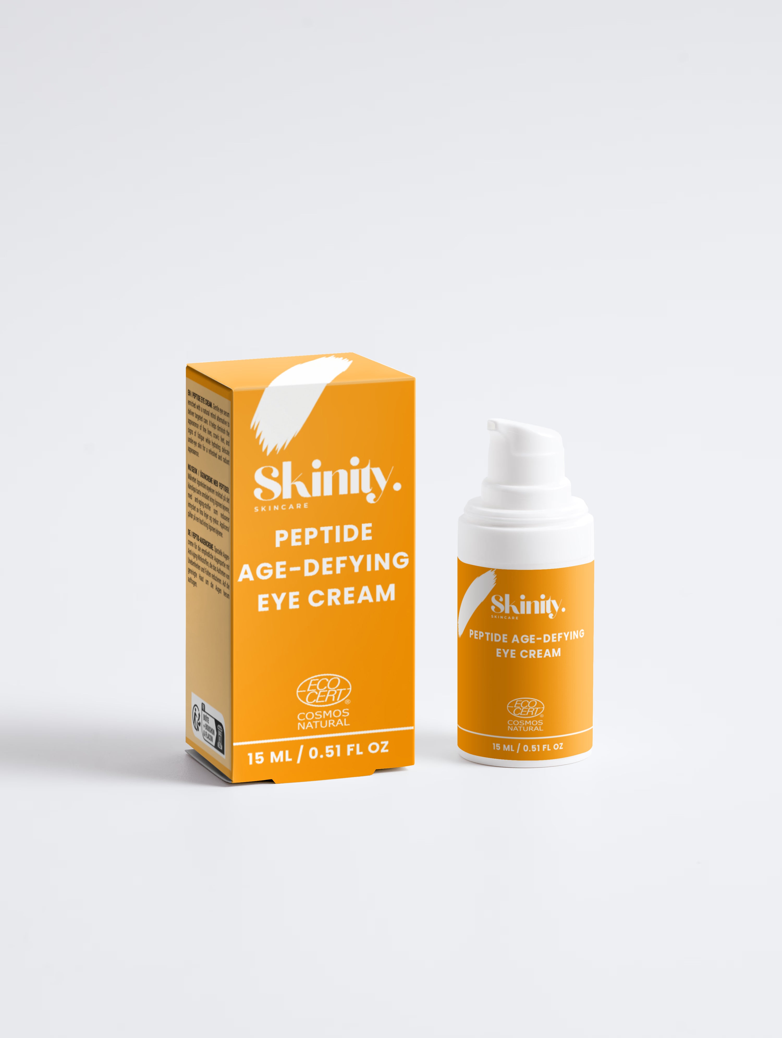 Skinity Skincare Peptide Anti Aging Eye Cream for Wrinkles and Dark Circles premium product bottle placed on an organic luxury dark wood texture background with natural greenery elements