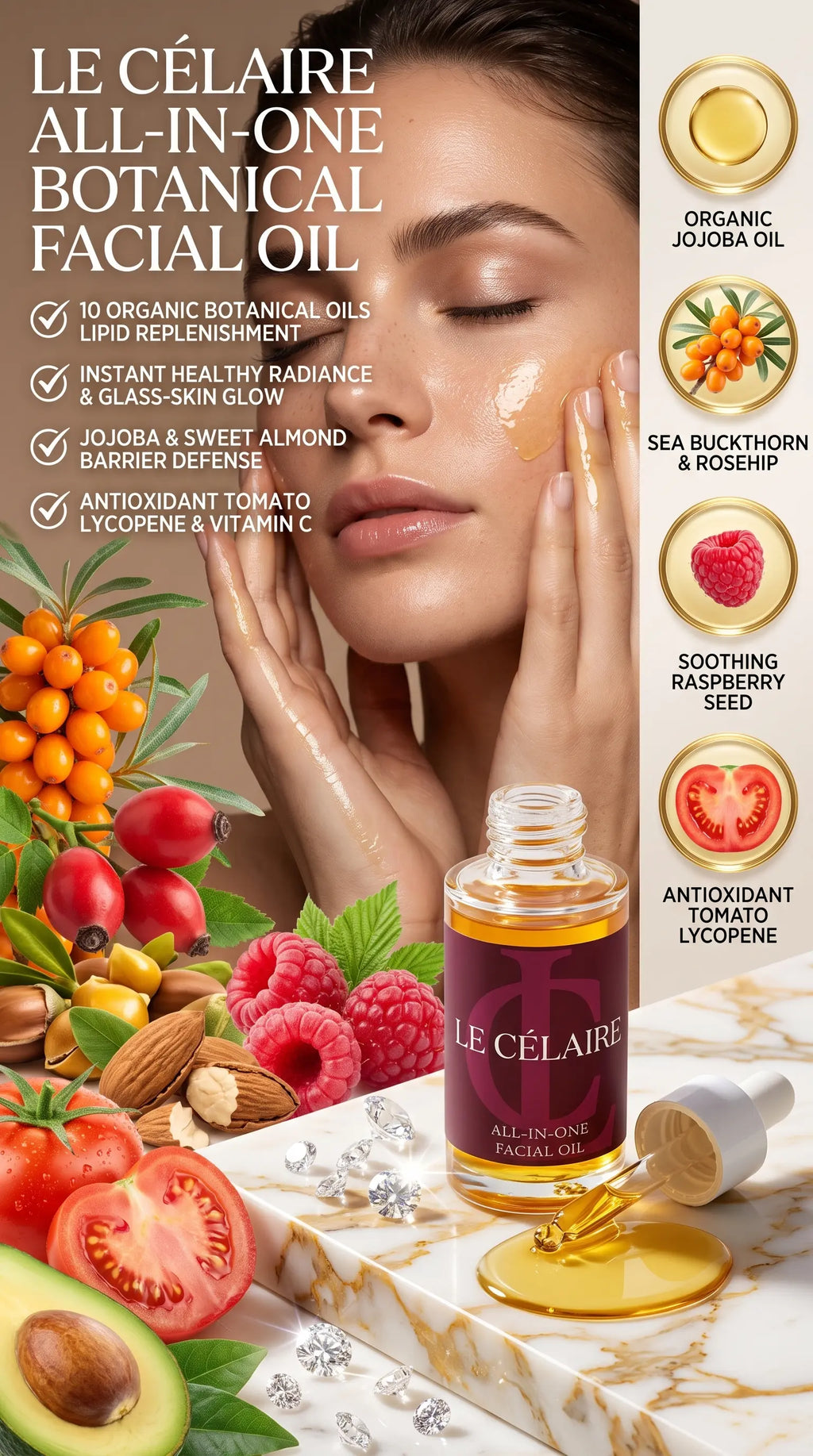 Billionaire-tier 9:16 commercial skincare advertisement for Le Célaire All-In-One Facial Oil, featuring the open glass dropper bottle beside a model massaging golden oil into glowing skin, sea buckthorn, raspberries, diamonds, and a lipid repair benefits checklist.
