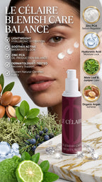 Billionaire-tier 9:16 commercial skincare advertisement for Le Célaire Blemish Care Moisturiser, featuring the white mini pump bottle beside glowing model skin with moisturizer micro-dots, fresh botanicals, diamonds, and a balanced blemish care checklist.