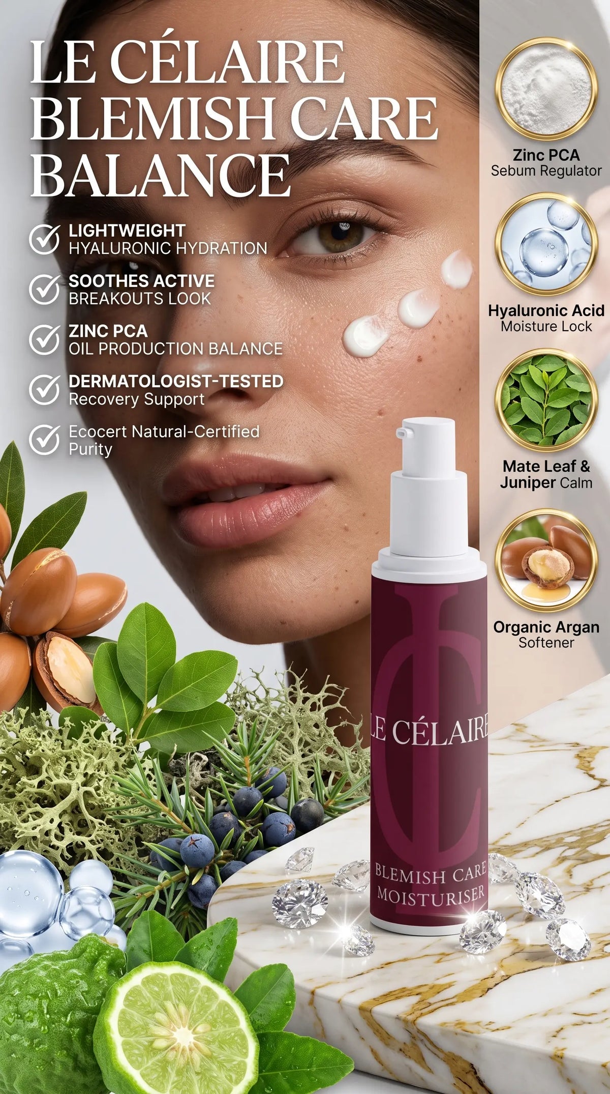 Billionaire-tier 9:16 commercial skincare advertisement for Le Célaire Blemish Care Moisturiser, featuring the white mini pump bottle beside glowing model skin with moisturizer micro-dots, fresh botanicals, diamonds, and a balanced blemish care checklist.