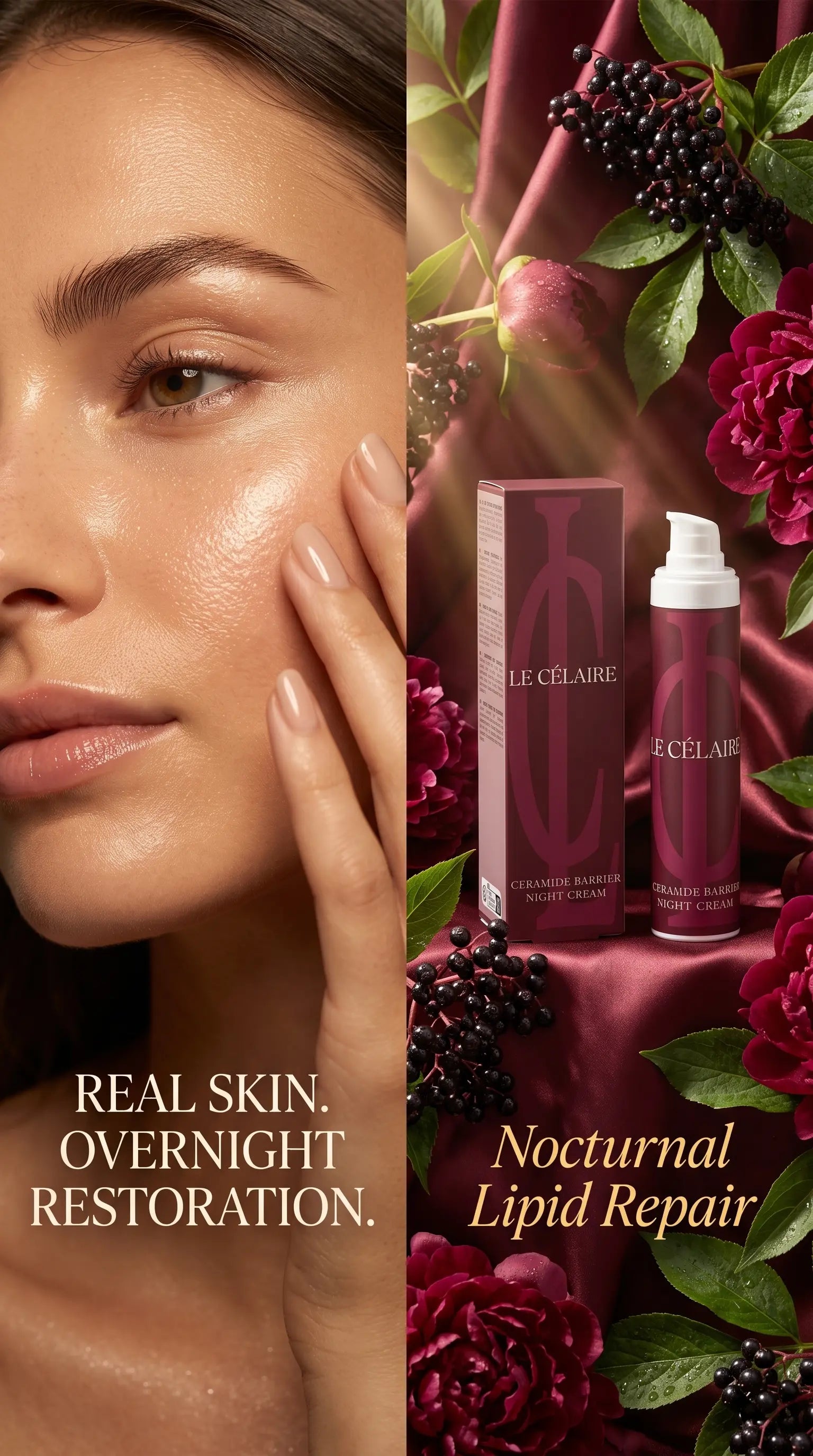 Le Célaire Organic Ceramide Barrier Night Cream with Glycolipids, Cocoa Butter, and Peony Extract for overnight barrier support and deep hydration.