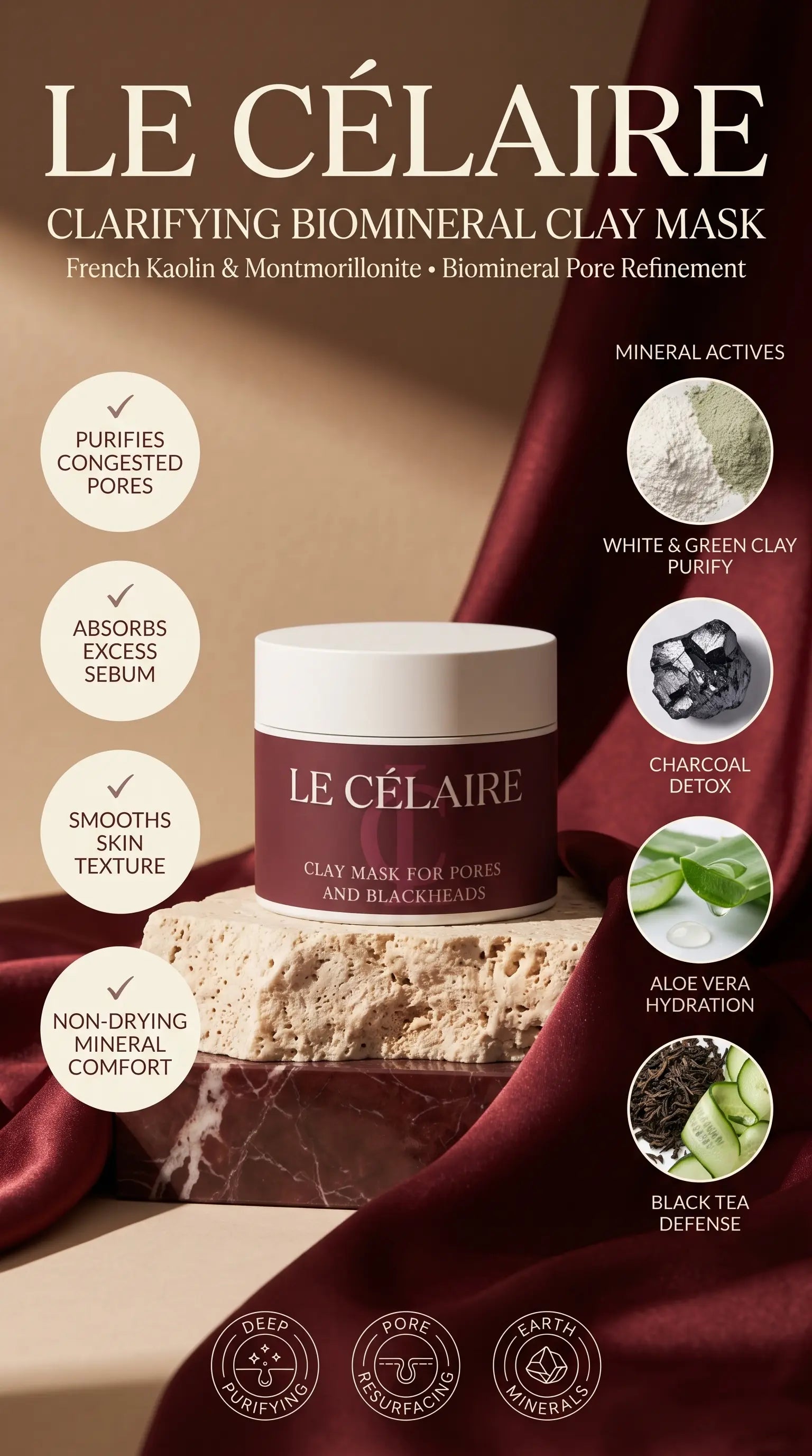 Le Célaire Clarifying Biomineral Clay Mask with White Kaolin, Green Montmorillonite, Charcoal, and Black Tea for pore tightening, blackhead clearing, and excess oil control.