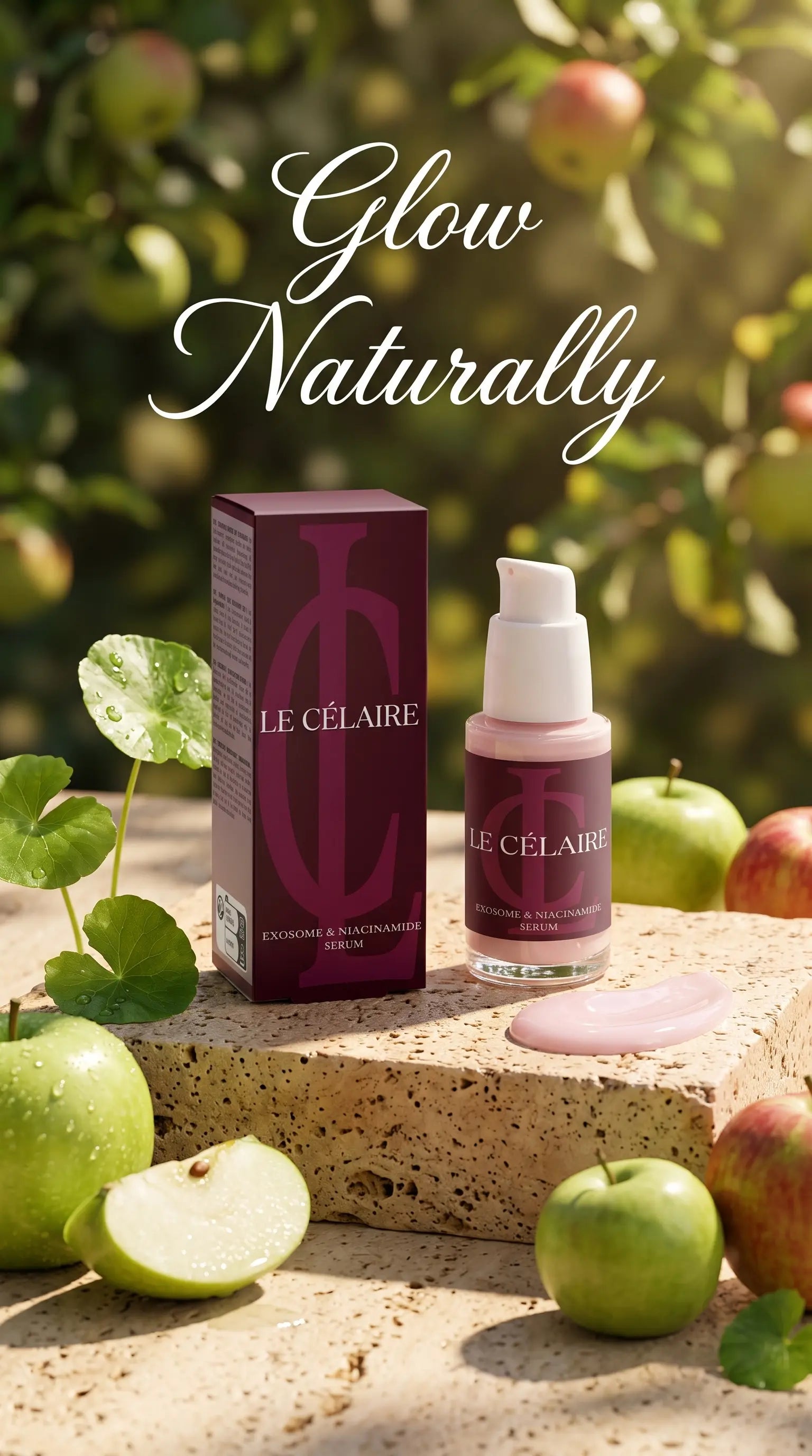 Commercial luxury product photography of Le Célaire Exosome & Niacinamide Serum bottle and burgundy packaging displayed on natural porous stone with fresh organic apples, botanical leaves, and a serum swatch under sunlight.