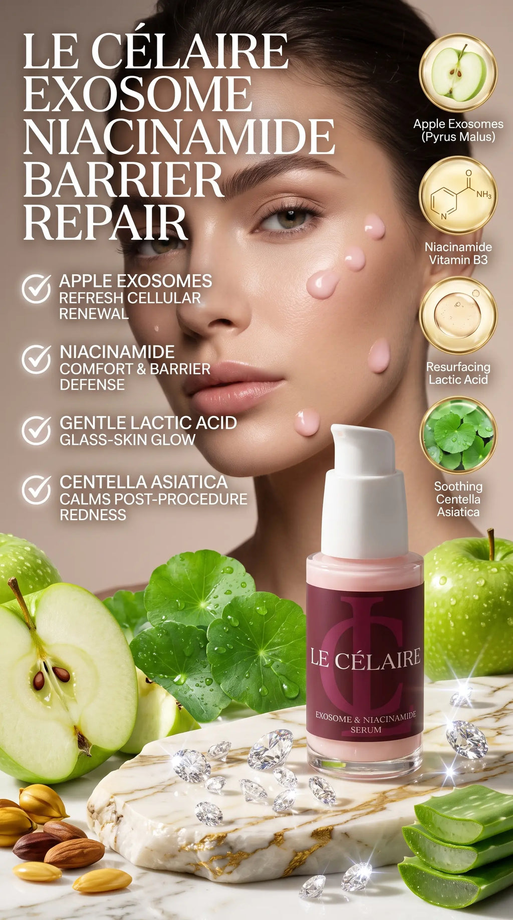 Billionaire-tier 9:16 commercial skincare advertisement for Le Célaire Exosome & Niacinamide Serum, featuring the glass pump bottle beside glowing model skin with serum micro-dots, sliced green apples, diamonds, and a barrier repair benefits checklist.