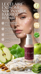 Billionaire-tier 9:16 commercial skincare advertisement for Le Célaire Exosome & Niacinamide Serum, featuring the glass pump bottle beside glowing model skin with serum micro-dots, sliced green apples, diamonds, and a barrier repair benefits checklist.