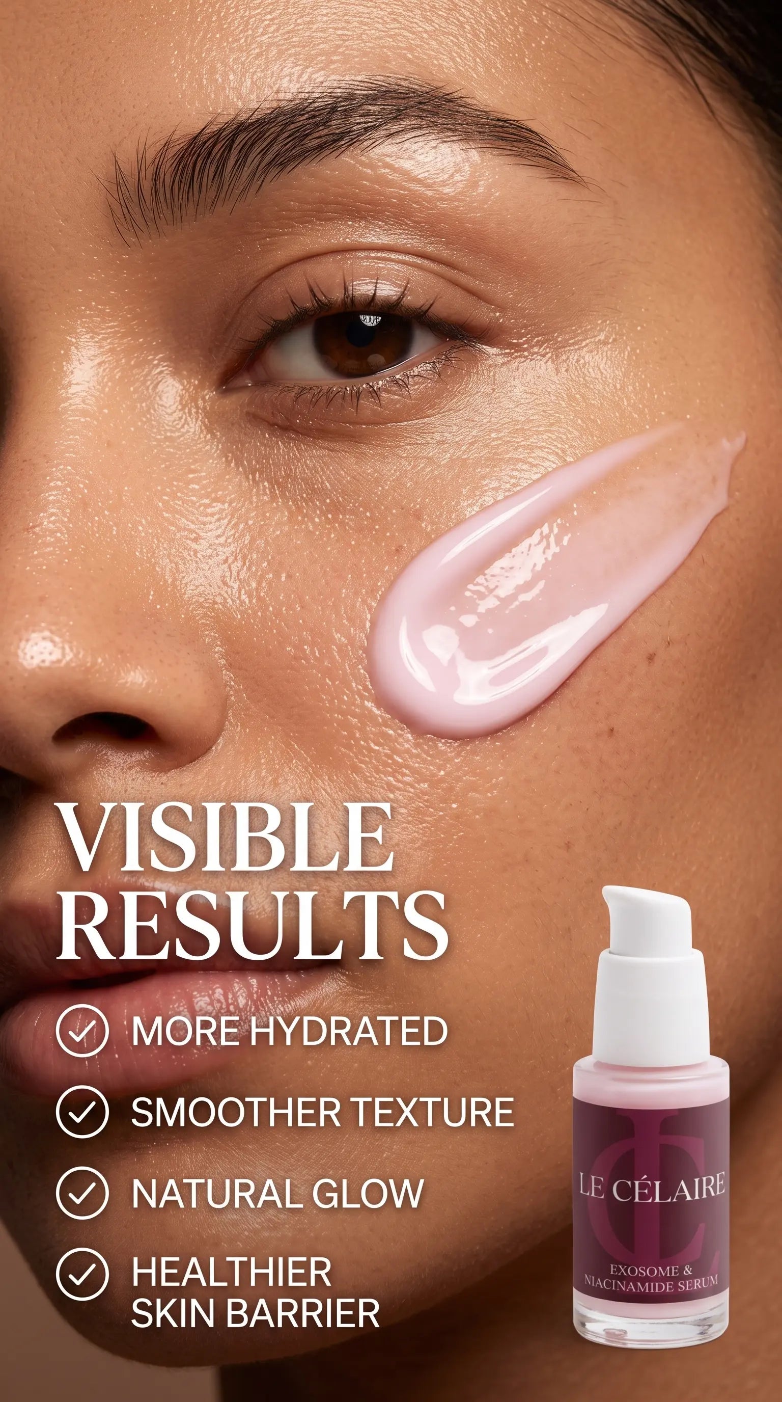 High-end beauty editorial featuring a close-up of luminous glass skin with a pastel-pink swatch of Le Célaire Exosome and Niacinamide Serum, detailing proven skincare benefits including hydration, smoother texture, and barrier support.