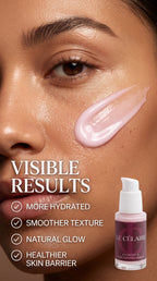High-end beauty editorial featuring a close-up of luminous glass skin with a pastel-pink swatch of Le Célaire Exosome and Niacinamide Serum, detailing proven skincare benefits including hydration, smoother texture, and barrier support.