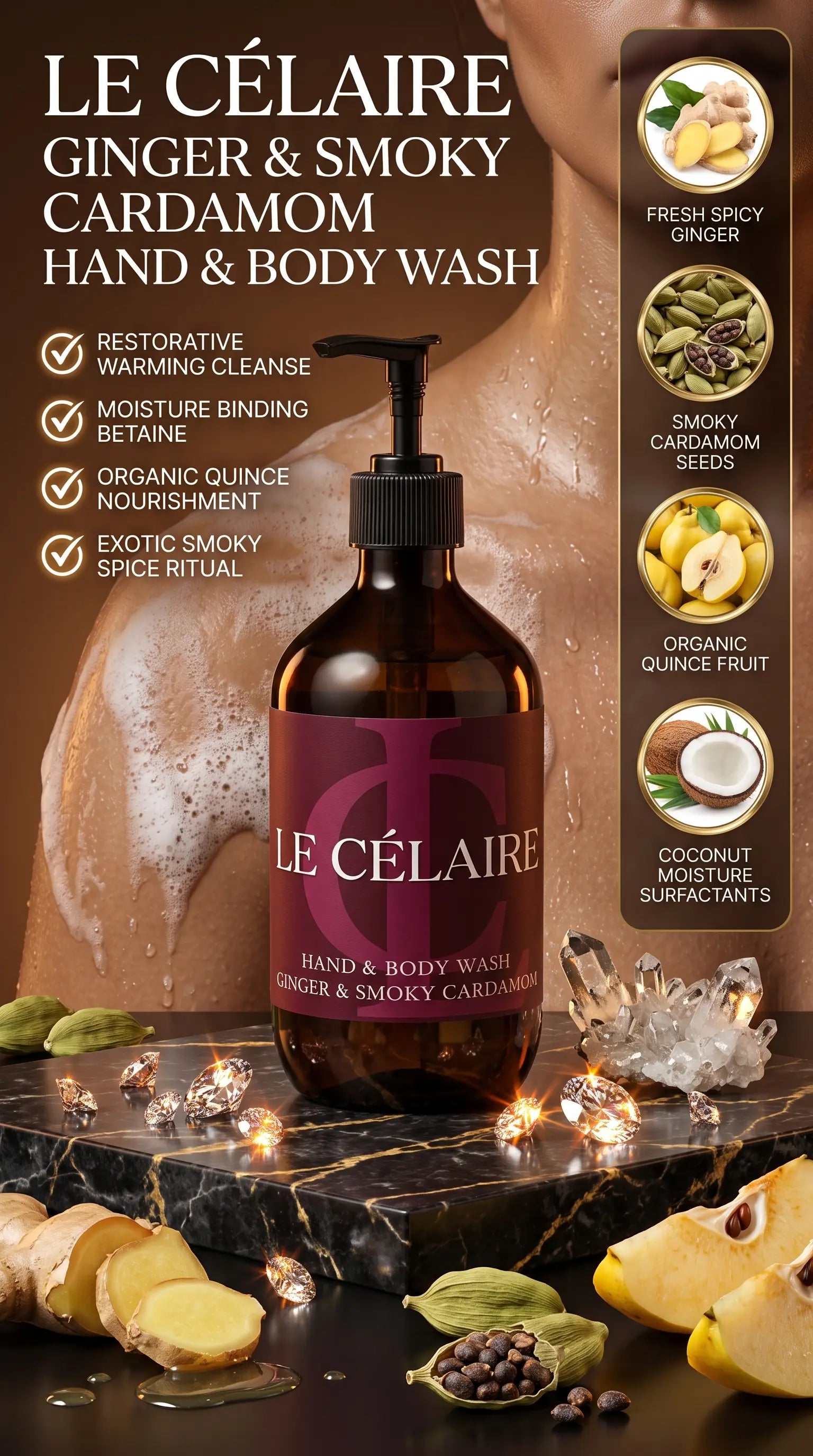 Ultra-luxury 9:16 commercial advertisement for Le Célaire Ginger and Smoky Cardamom Hand & Body Wash, featuring the amber glass pump bottle on marble beside diamonds, exotic ginger, and a model with creamy foam lather.