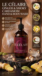 Ultra-luxury 9:16 commercial advertisement for Le Célaire Ginger and Smoky Cardamom Hand & Body Wash, featuring the amber glass pump bottle on marble beside diamonds, exotic ginger, and a model with creamy foam lather.