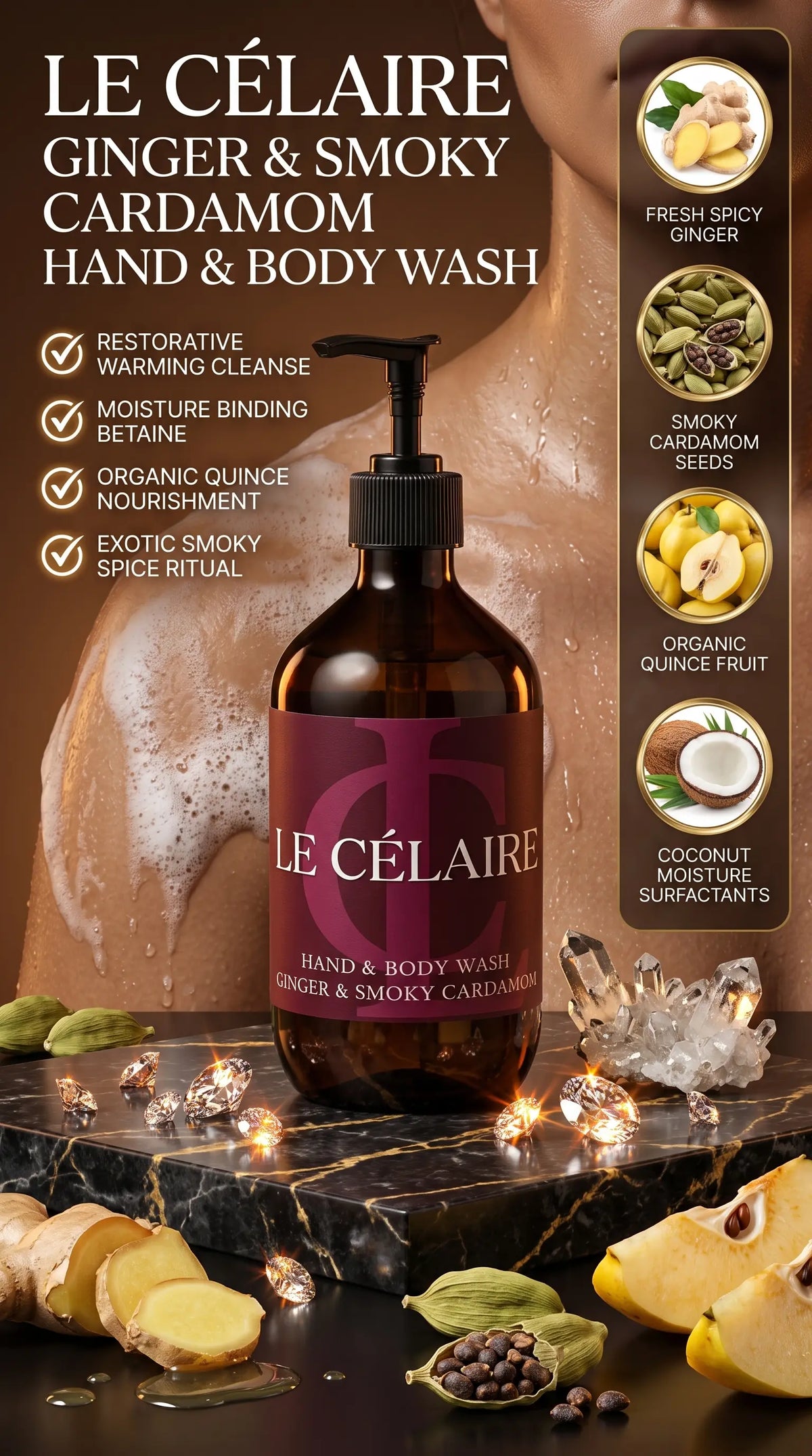 Ultra-luxury 9:16 commercial advertisement for Le Célaire Ginger and Smoky Cardamom Hand & Body Wash, featuring the amber glass pump bottle on marble beside diamonds, exotic ginger, and a model with creamy foam lather.