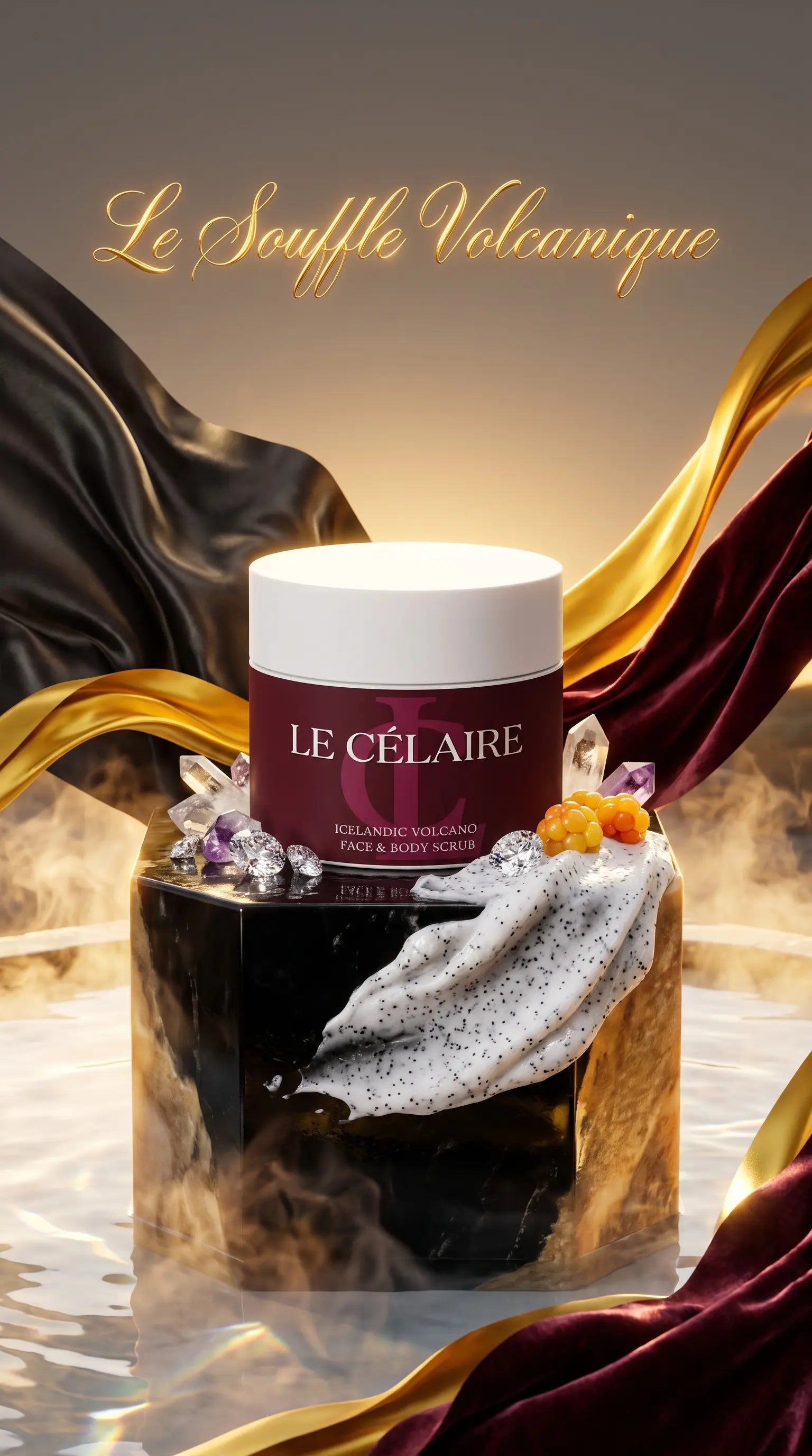 Billionaire-tier 9:16 commercial advertisement for Le Célaire Icelandic Volcano Face & Body Scrub featuring the burgundy jar on volcanic stone beside black sand scrub texture, diamonds, and a Nordic berry ingredient checklist.