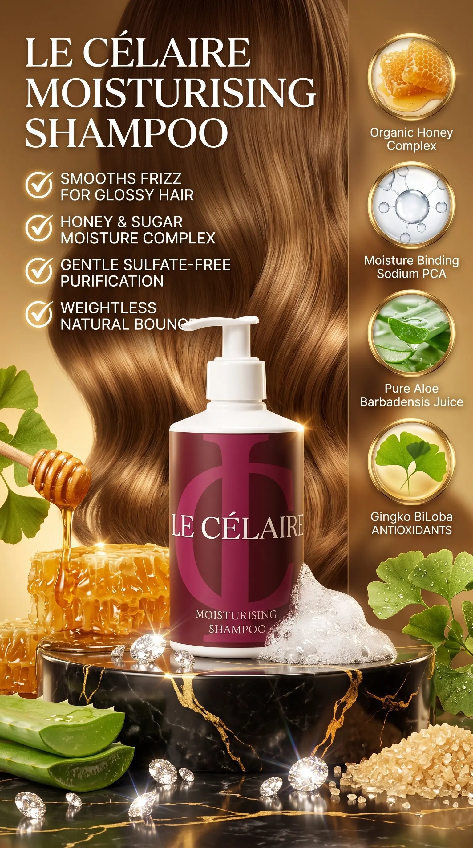 Billionaire-tier 9:16 commercial advertisement for Le Célaire Moisturising Shampoo, featuring the white pump bottle surrounded by diamonds, raw honeycomb, silky cascading hair, and an ingredient benefit checklist.
