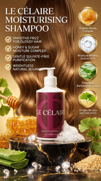 Billionaire-tier 9:16 commercial advertisement for Le Célaire Moisturising Shampoo, featuring the white pump bottle surrounded by diamonds, raw honeycomb, silky cascading hair, and an ingredient benefit checklist.