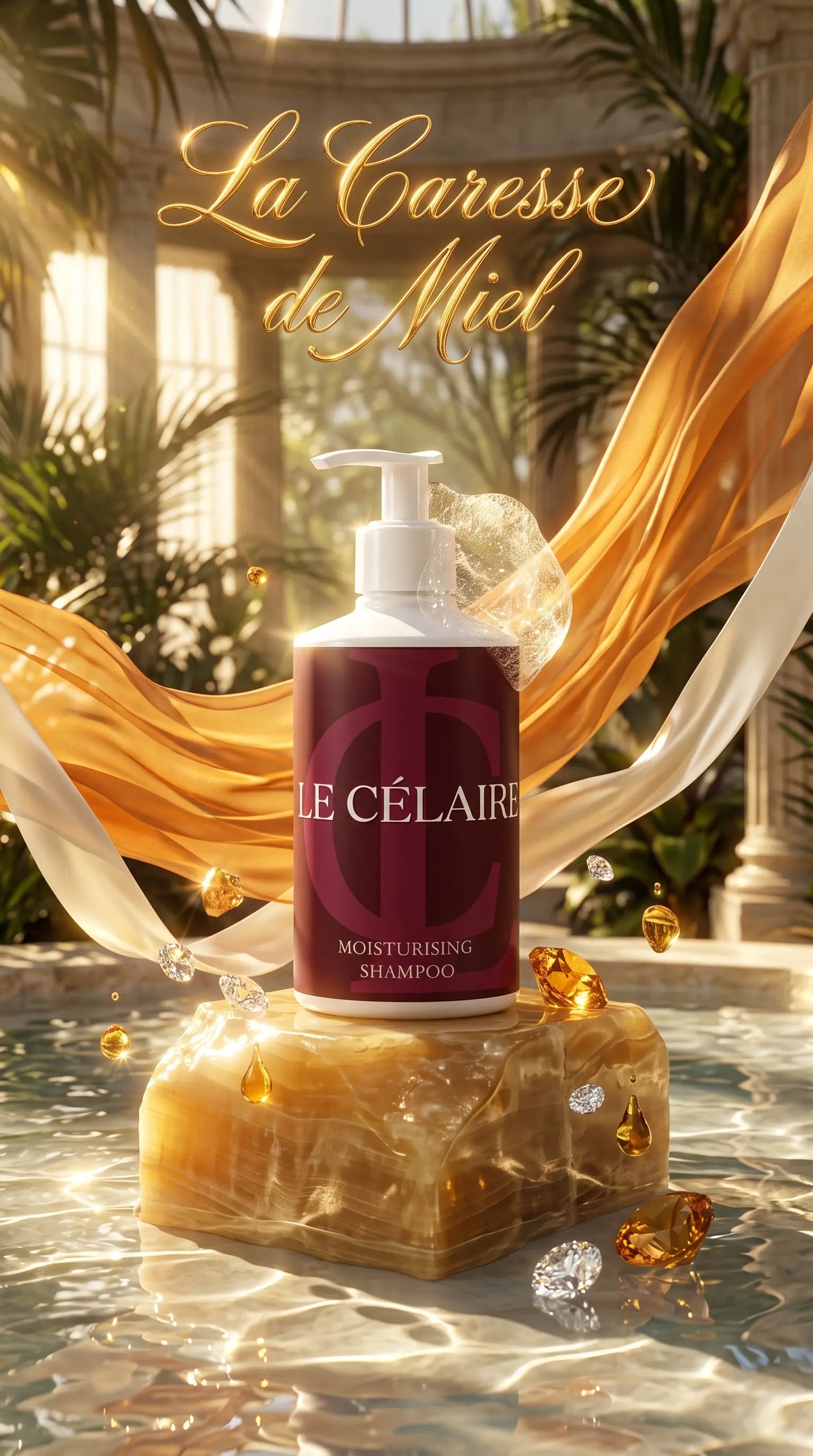 Ultra-exclusive high-fashion commercial visual for Le Célaire Moisturising Shampoo, showing the bottle on a carved onyx plinth surrounded by molten amber silk ribbons, imperial topaz gems, floating honey droplets, and liquid gold calligraphy under golden sunlight.