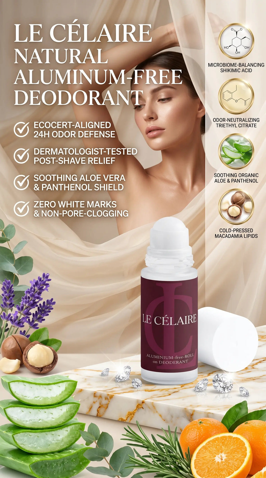 Billionaire-tier 9:16 commercial advertisement for Le Célaire Natural Aluminum-Free Roll-On Deodorant, showcasing the frosted roll-on bottle on marble beside an elegant woman draped in silk, fresh botanicals, citrus fruits, diamonds, and an odor-defense checklist.