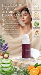 Billionaire-tier 9:16 commercial advertisement for Le Célaire Natural Aluminum-Free Roll-On Deodorant, showcasing the frosted roll-on bottle on marble beside an elegant woman draped in silk, fresh botanicals, citrus fruits, diamonds, and an odor-defense checklist.