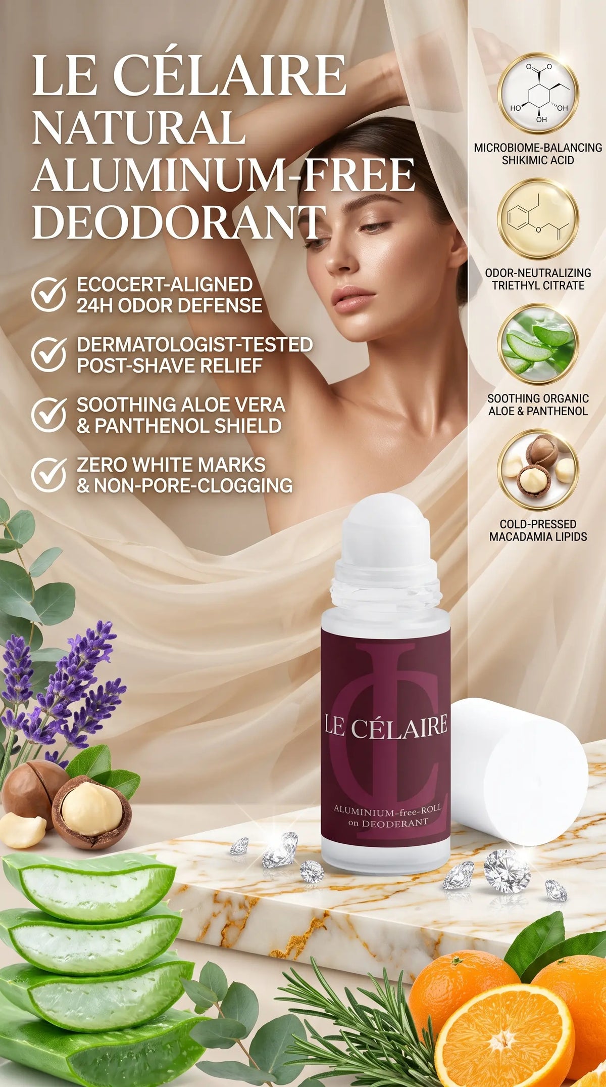 Billionaire-tier 9:16 commercial advertisement for Le Célaire Natural Aluminum-Free Roll-On Deodorant, showcasing the frosted roll-on bottle on marble beside an elegant woman draped in silk, fresh botanicals, citrus fruits, diamonds, and an odor-defense checklist.