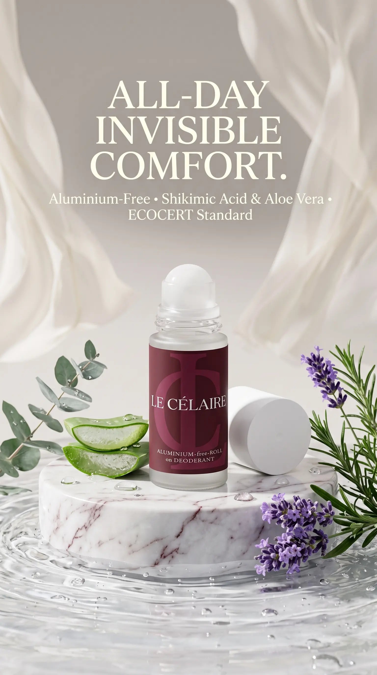 A roll-on skincare bottle labeled 'LE CÉLAIRE' with its cap beside it, styled on a marble pedestal with aloe vera slices, eucalyptus leaves, and lavender flowers. Large text at the top reads 'ALL-DAY INVISIBLE COMFORT.
