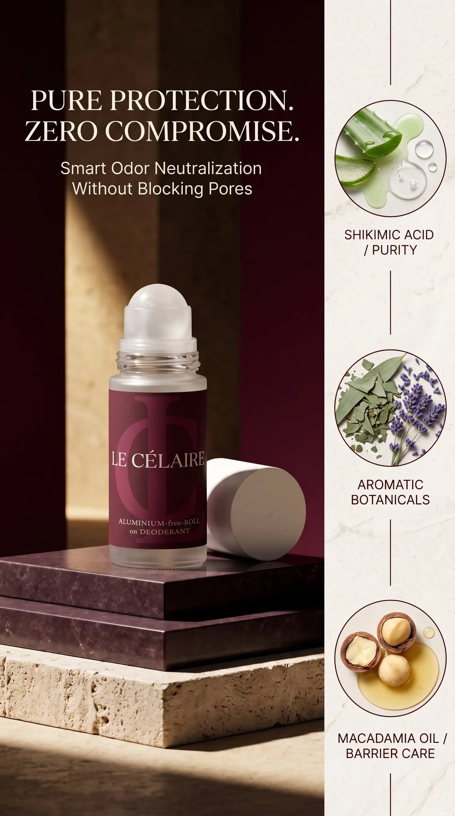 A bottle of Le Célére skin care product with its cap off, displayed on stacked stone blocks next to a vertical panel detailing ingredients: shikimic acid, aromatic botanicals, and macadamia oil.