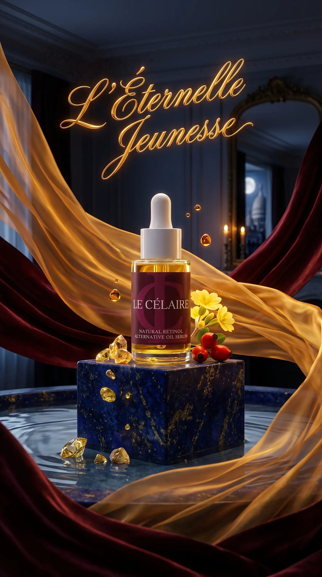 Ultra-exclusive high-fashion commercial visual for Le Célaire Natural Retinol Alternative Oil Serum, showing the golden oil bottle on a lapis lazuli plinth surrounded by molten gold silk ribbons, raw topaz gems, candlelight reflections, and liquid gold calligraphy.