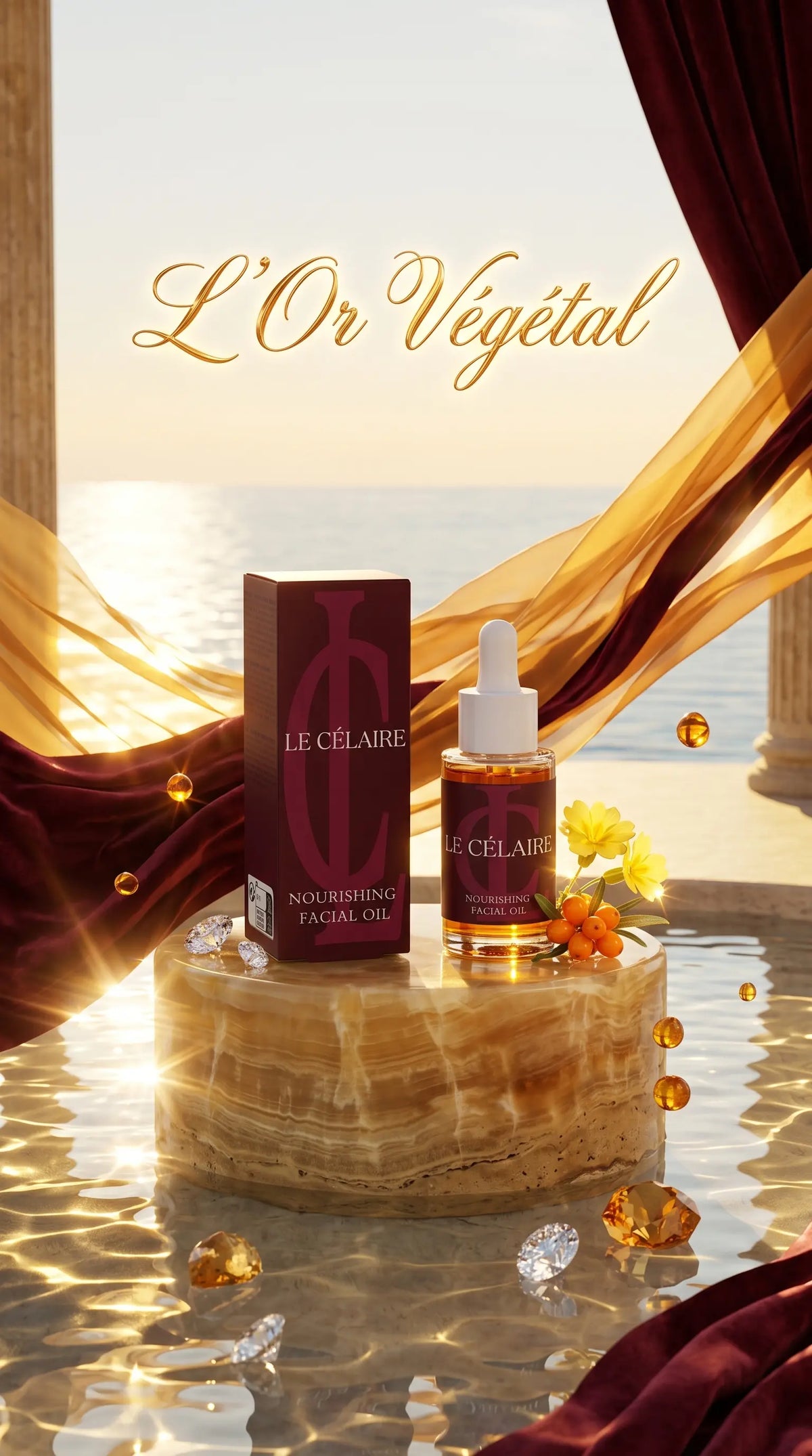 Ultra-exclusive high-fashion commercial visual for Le Célaire Nourishing Facial Oil, showing the bottle and burgundy box on a carved onyx plinth surrounded by molten gold silk ribbons, raw topaz gems, floating oil droplets, and liquid gold calligraphy under golden sunlight.