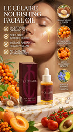 Billionaire-tier 9:16 commercial skincare advertisement for Le Célaire Nourishing Facial Oil, showcasing the amber oil bottle and burgundy box beside glowing model skin, fresh botanical ingredients, diamonds, and a barrier repair benefits checklist.