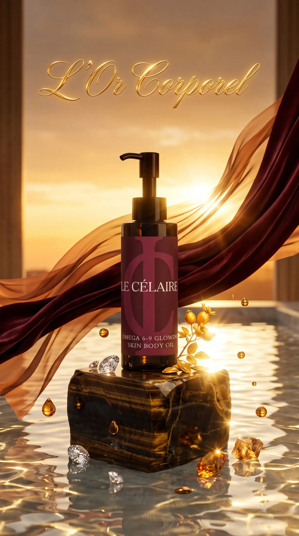 Ultra-exclusive high-fashion commercial visual for Le Célaire Omega 6-9 Glowing Skin Body Oil, showcasing the amber pump bottle on a carved tigereye plinth surrounded by molten bronze silk ribbons, raw topaz gems, floating oil droplets, and liquid gold calligraphy under sunset light.