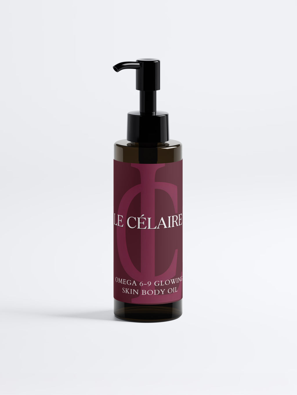 Billionaire-tier 9:16 commercial bodycare advertisement for Le Célaire Omega 6-9 Glowing Skin Body Oil, showing the amber pump bottle beside glowing model skin, organic seeds, diamonds, and an omega lipid benefit checklist.