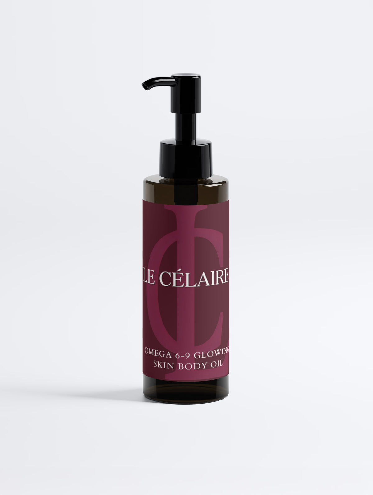 Billionaire-tier 9:16 commercial bodycare advertisement for Le Célaire Omega 6-9 Glowing Skin Body Oil, showing the amber pump bottle beside glowing model skin, organic seeds, diamonds, and an omega lipid benefit checklist.