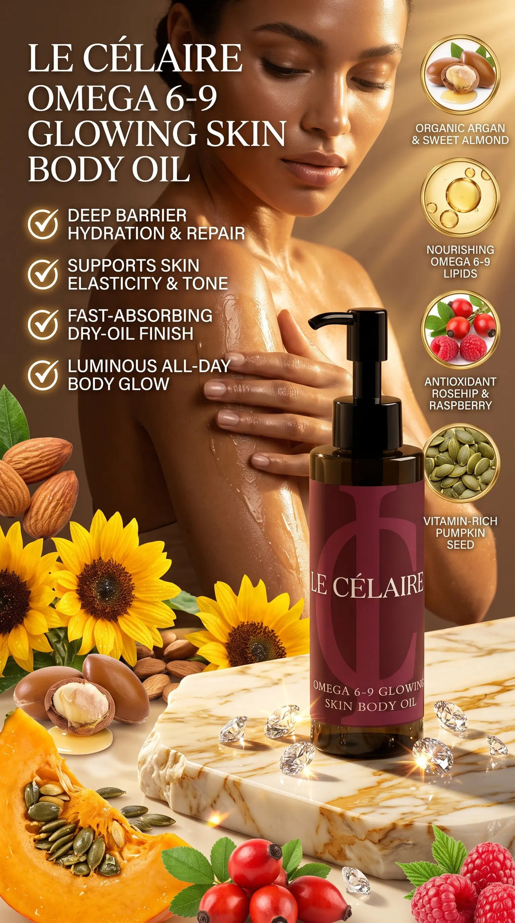 Billionaire-tier 9:16 commercial bodycare advertisement for Le Célaire Omega 6-9 Glowing Skin Body Oil, showing the amber pump bottle beside glowing model skin, organic seeds, diamonds, and an omega lipid benefit checklist.
