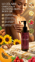 Billionaire-tier 9:16 commercial bodycare advertisement for Le Célaire Omega 6-9 Glowing Skin Body Oil, showing the amber pump bottle beside glowing model skin, organic seeds, diamonds, and an omega lipid benefit checklist.