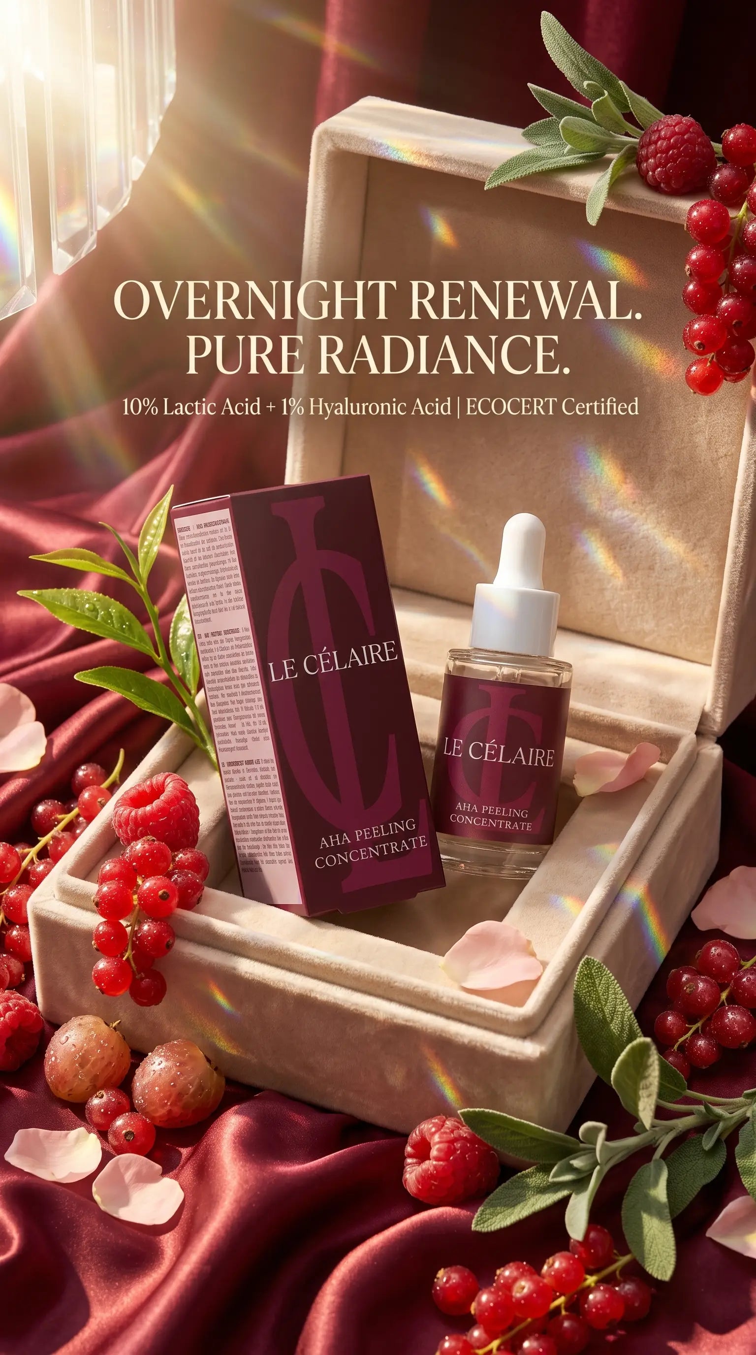 Le Célaire Organic AHA Peeling Concentrate with 10% Lactic Acid and 1% Hyaluronic Acid in luxury velvet gift box with fresh berries for skin renewal and brightening.