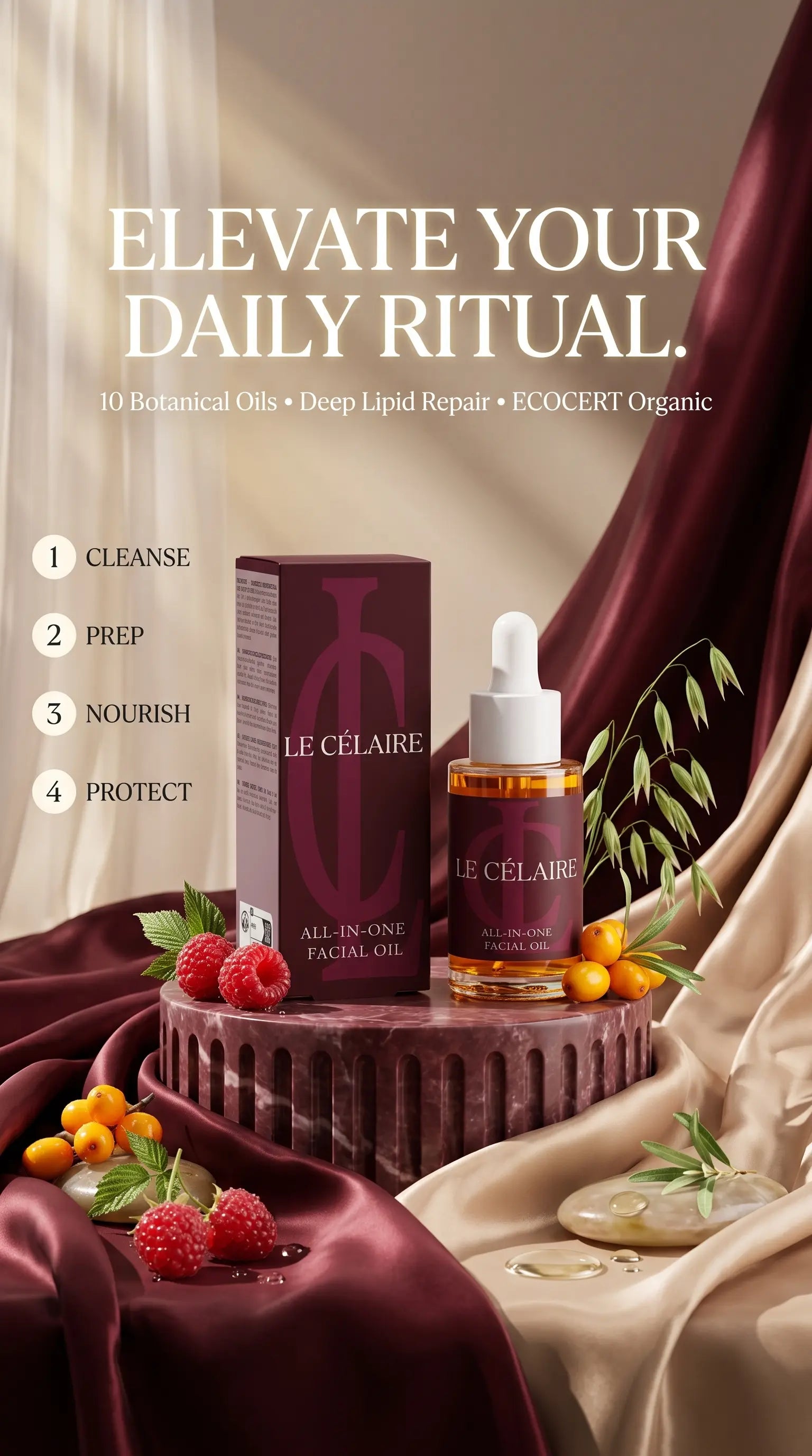 Le Céléra facial oil bottle and matching box displayed on a marble pedestal with draped burgundy and beige fabric, fruit, and botanical props. Large text reads 'ELEVATE YOUR DAILY RITUAL' with step labels on the left.