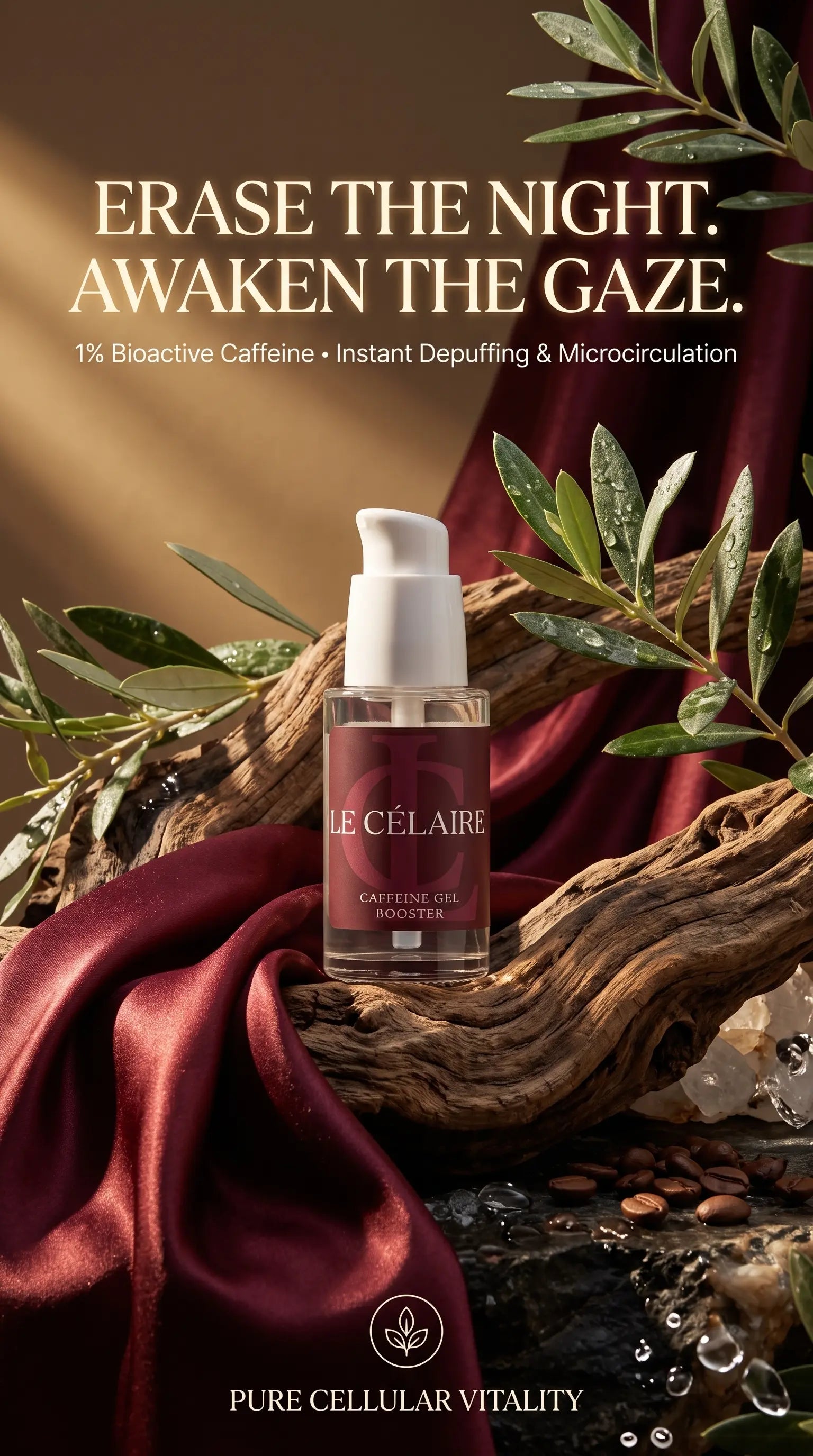 Le Célaire caffeine gel injector bottle displayed on a rustic wood branch with draped burgundy silk, green leaves, and coffee beans. Promotional text at the top reads 'ERASE THE NIGHT.