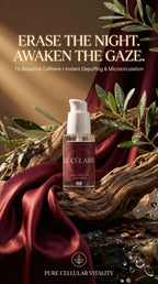 Le Célaire caffeine gel injector bottle displayed on a rustic wood branch with draped burgundy silk, green leaves, and coffee beans. Promotional text at the top reads 'ERASE THE NIGHT.