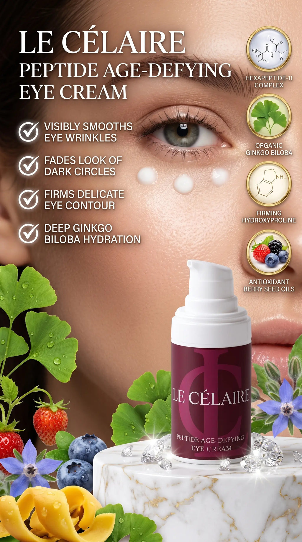 Billionaire-tier 9:16 commercial skincare advertisement for Le Célaire Peptide Age-Defying Eye Cream, showcasing an eye contour close-up with cream dots, the compact burgundy bottle on marble, loose diamonds, and an anti-aging benefits checklist.