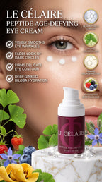 Billionaire-tier 9:16 commercial skincare advertisement for Le Célaire Peptide Age-Defying Eye Cream, showcasing an eye contour close-up with cream dots, the compact burgundy bottle on marble, loose diamonds, and an anti-aging benefits checklist.