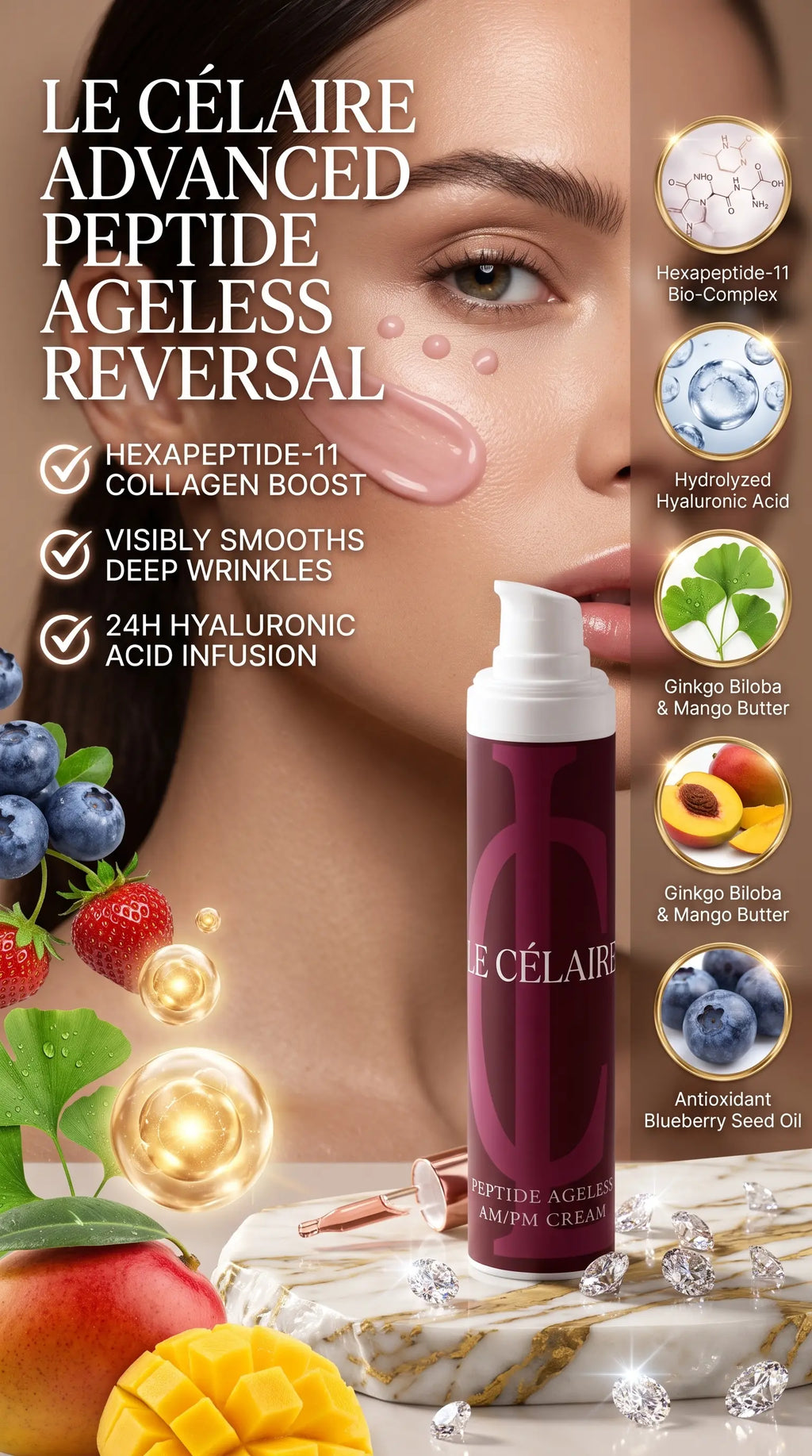 Billionaire-tier 9:16 commercial skincare advertisement for Le Célaire Peptide Ageless AM/PM Cream, showcasing the white pump bottle beside glowing model skin with a silky blush-rose cream swipe and dots, fresh berries, diamonds, and an advanced peptide anti-aging checklist.