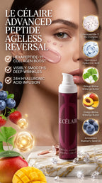 Billionaire-tier 9:16 commercial skincare advertisement for Le Célaire Peptide Ageless AM/PM Cream, showcasing the white pump bottle beside glowing model skin with a silky blush-rose cream swipe and dots, fresh berries, diamonds, and an advanced peptide anti-aging checklist.