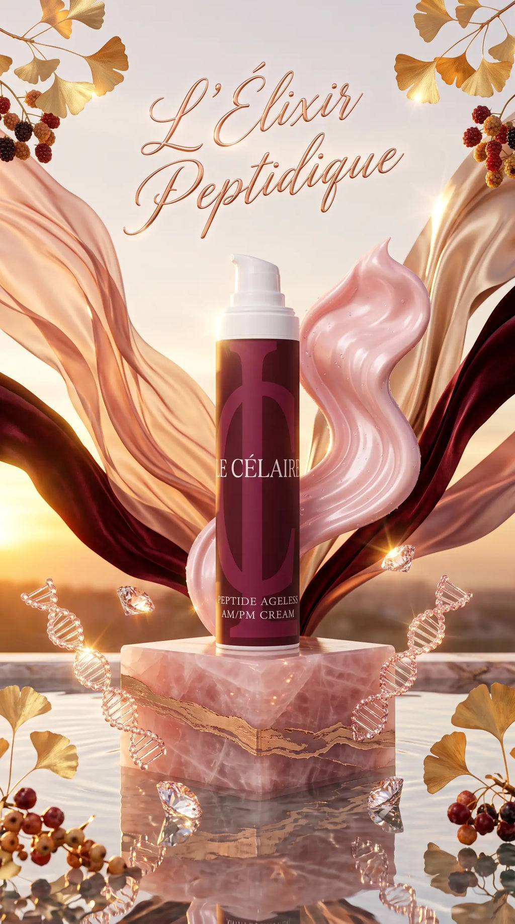 Ultra-glamorous high-fashion commercial visual for Le Célaire Peptide Ageless AM/PM Cream, showcasing the pump bottle on a carved rose-quartz plinth surrounded by molten rose-gold silk ribbons, loose diamonds, a sculptural blush-rose cream ribbon, and liquid gold calligraphy under sunset light.