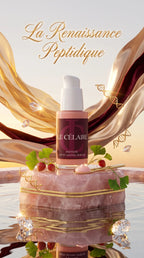 Ultra-exclusive high-fashion commercial visual for Le Célaire Peptide Anti-Aging Serum, showcasing the pastel-pink serum bottle on a carved rose-quartz plinth surrounded by molten gold silk ribbons, loose diamonds, ginkgo botanicals, and liquid gold calligraphy under sunset light.