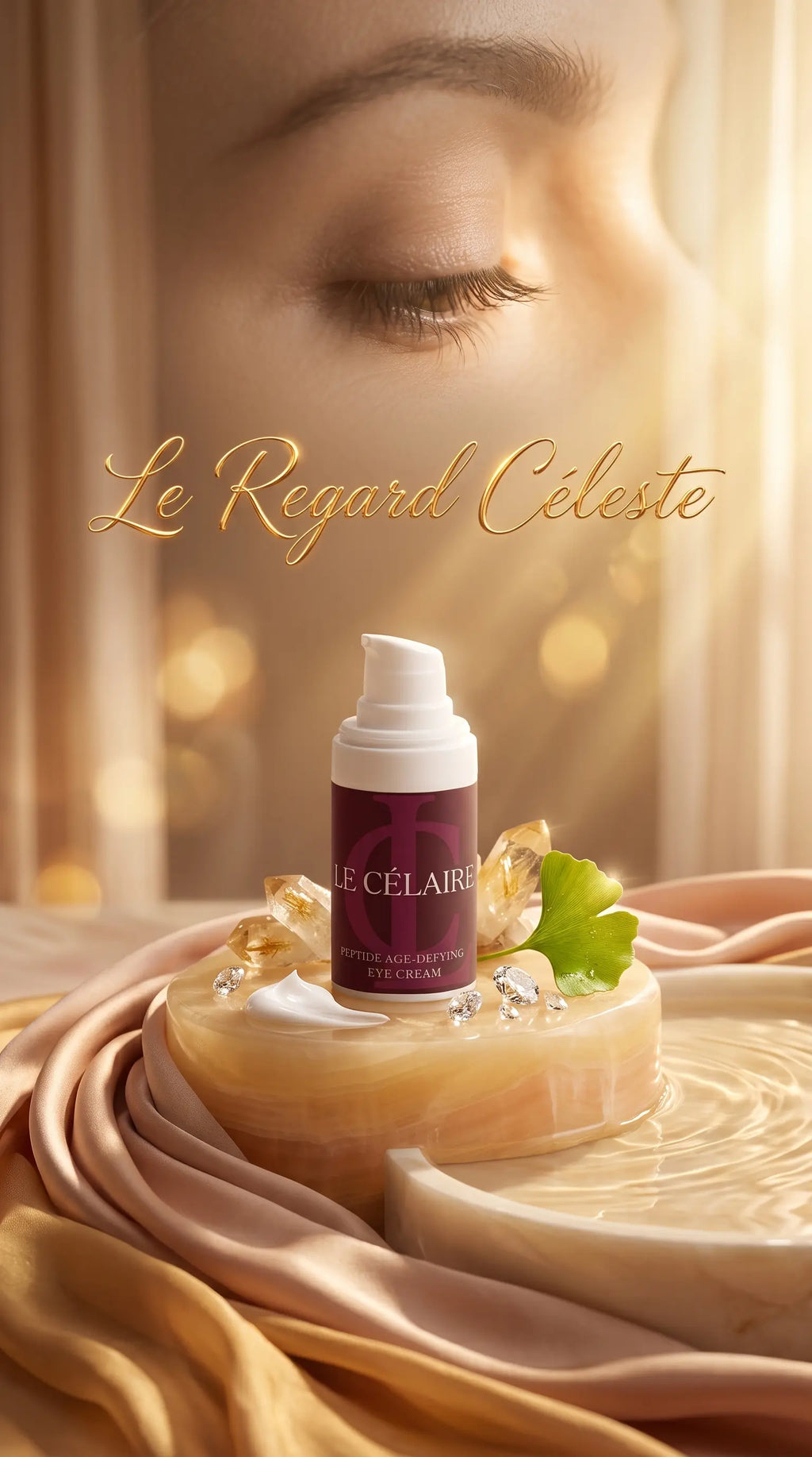 Ultra-exclusive warm luxury visual for Le Célaire Peptide Age-Defying Eye Cream on a carved alabaster plinth, surrounded by champagne cashmere-silk ribbons, radiant dawn light, raw diamonds, and molten gold calligraphy.