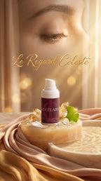 Ultra-exclusive warm luxury visual for Le Célaire Peptide Age-Defying Eye Cream on a carved alabaster plinth, surrounded by champagne cashmere-silk ribbons, radiant dawn light, raw diamonds, and molten gold calligraphy.