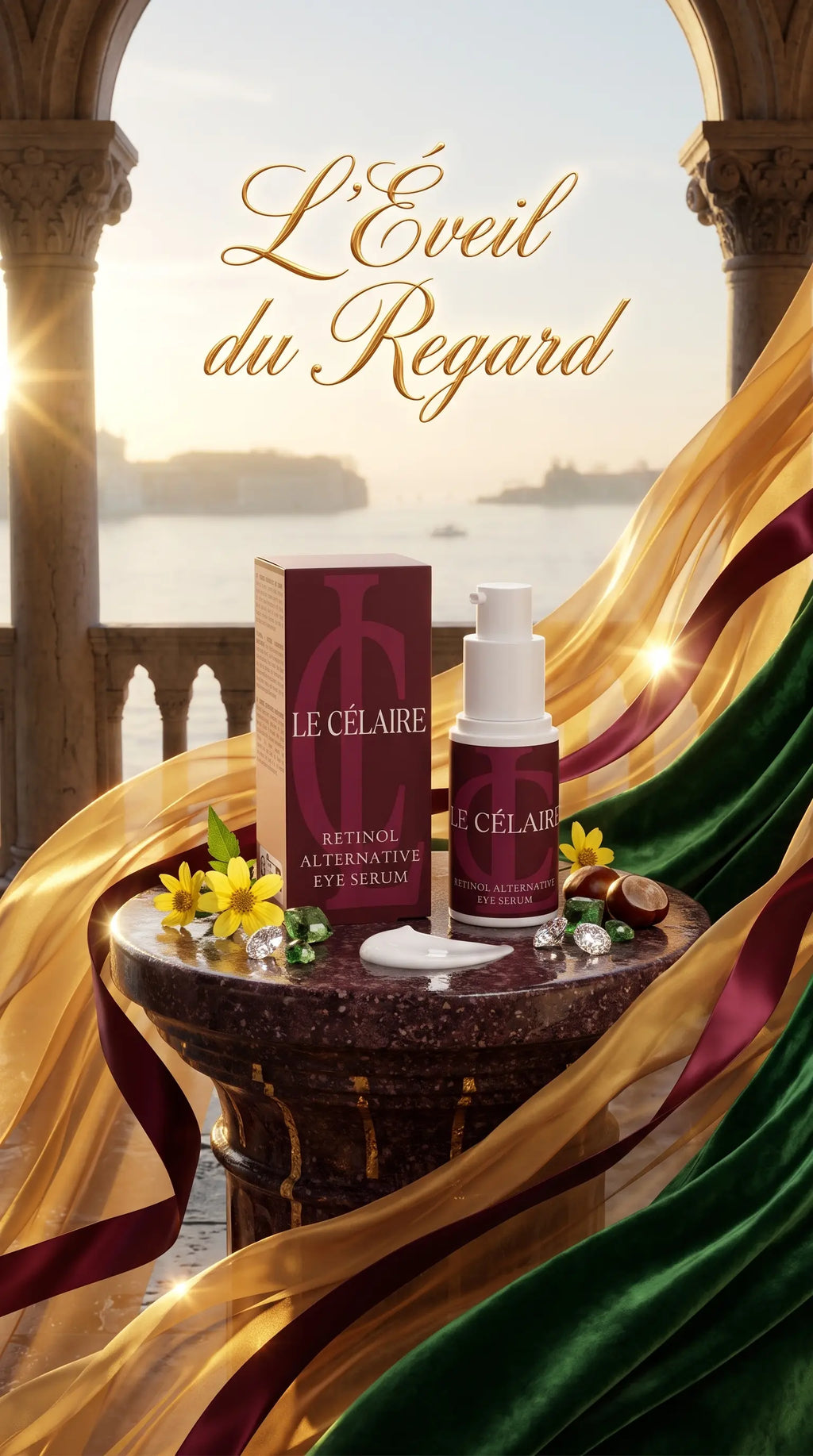 Ultra-exclusive Venetian luxury commercial visual for Le Célaire Retinol Alternative Eye Serum, showcasing the mini pump bottle and burgundy box on a carved stone plinth surrounded by molten gold silk ribbons, diamonds, botanicals, and liquid gold calligraphy under dawn light.