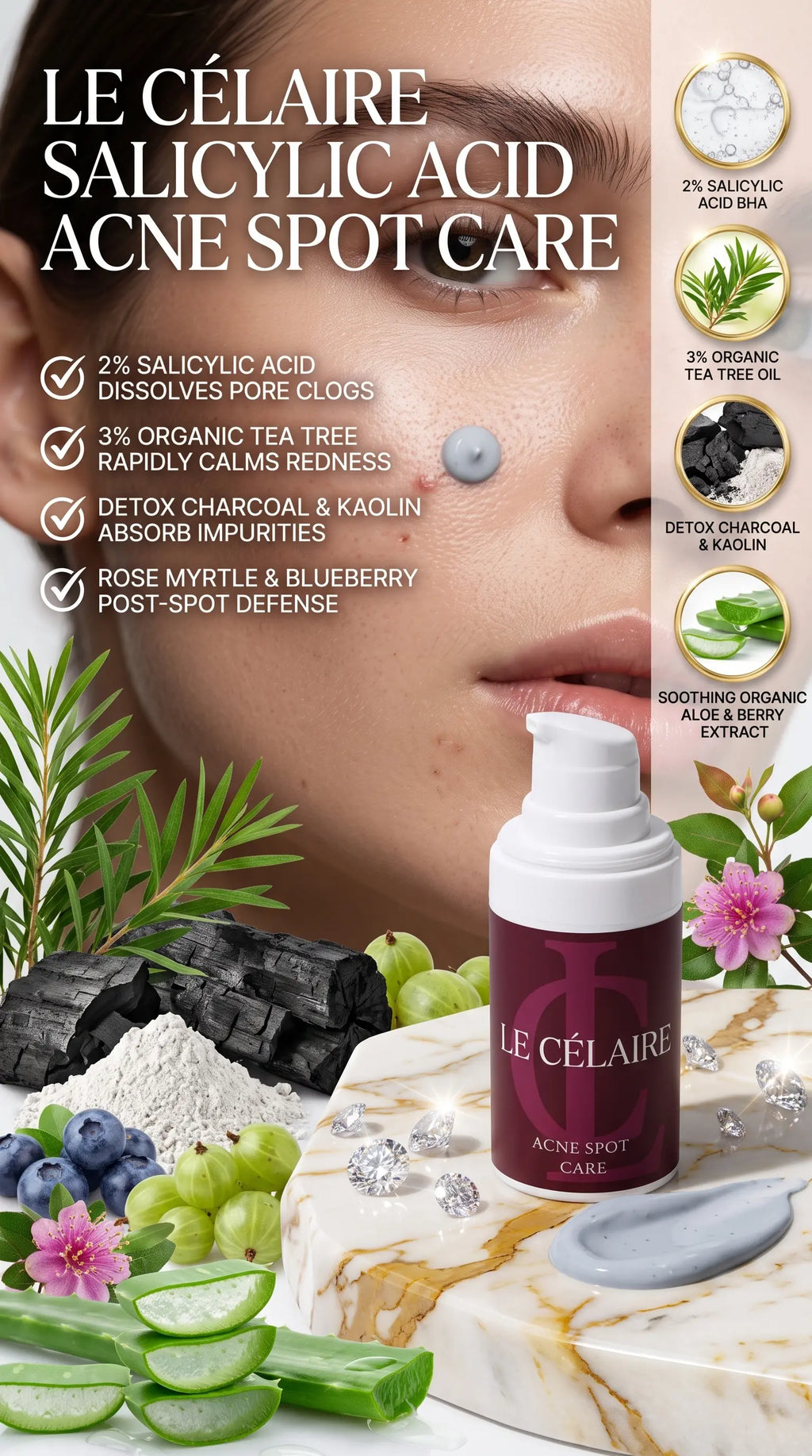 Billionaire-tier 9:16 commercial skincare advertisement for Le Célaire Acne Spot Care, showcasing the white mini pump bottle beside glowing model skin with a targeted blemish dot of the distinctive light gray cream, charcoal, botanicals, diamonds, and an anti-acne benefits checklist.